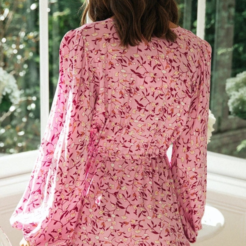 Boho Hippie Gypsy Floral print pink ruffle dress - Picture 4 of 16